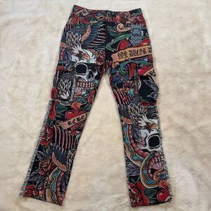Rebel Vengeance Slim Cargo Pants Tapestry Fringe Skull Eagle AOP Mens Sz 32 NWT